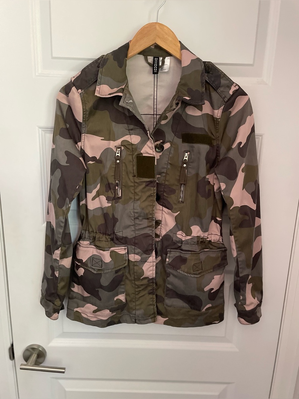 Divided H&M Camo Military Fatigue Field Jacket Womens Sz 4 Pink Green Gray